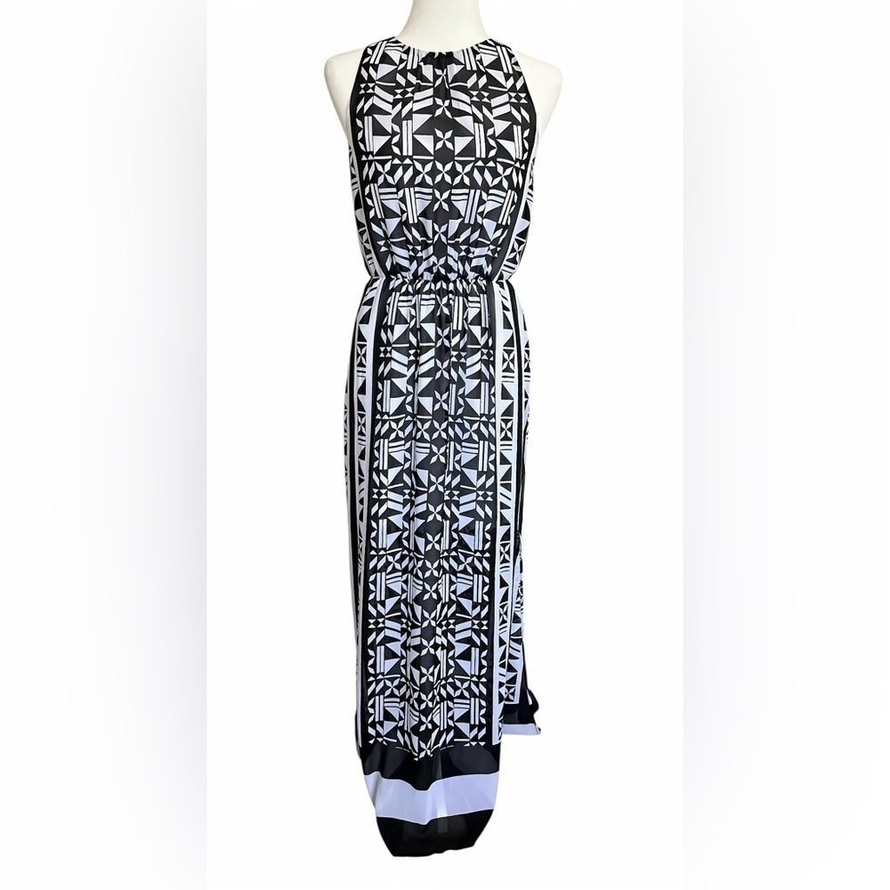 H&M Women's Sleeveless Chiffon Blouson Maxi Dress Black White Size 2 Side slits